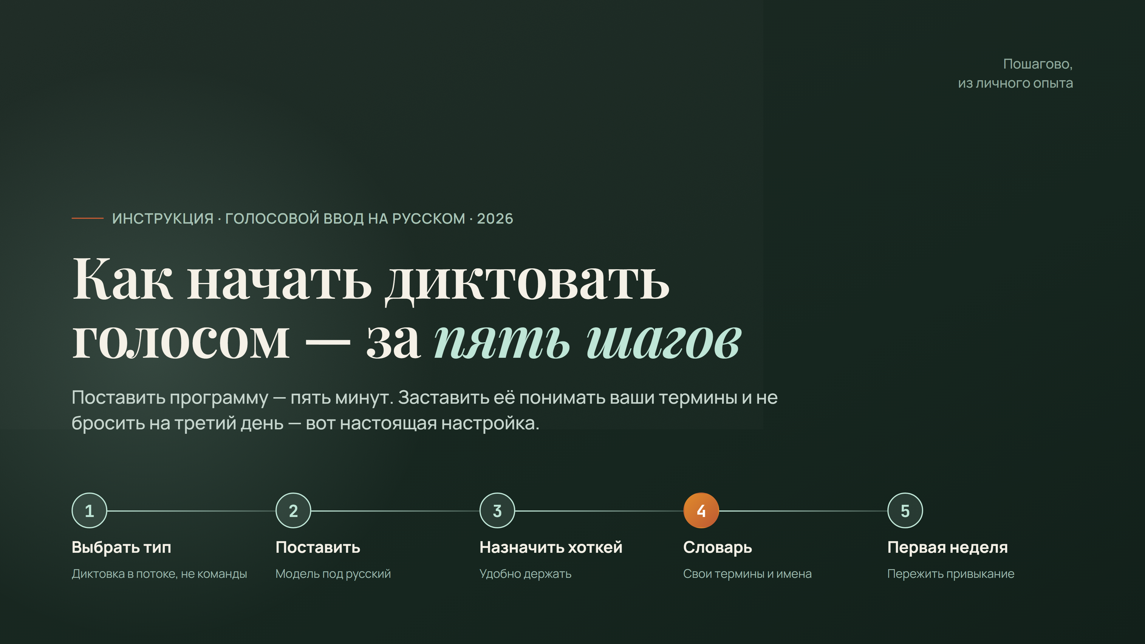 Как начать диктовать голосом за пять шагов: выбрать тип, поставить программу, назначить хоткей, личный словарь, пережить первую неделю