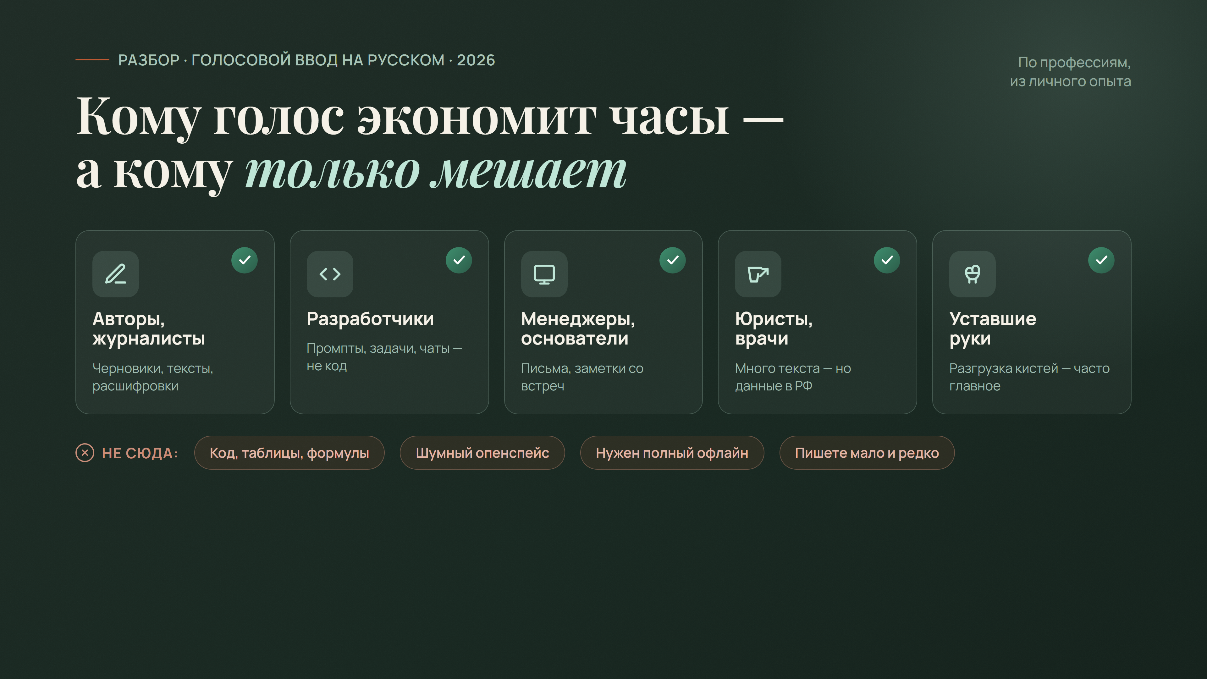 Кому голосовой ввод экономит часы: авторы, разработчики, менеджеры, юристы и врачи, уставшие руки — и где голос мешает: код, таблицы, шумный опенспейс, полный офлайн