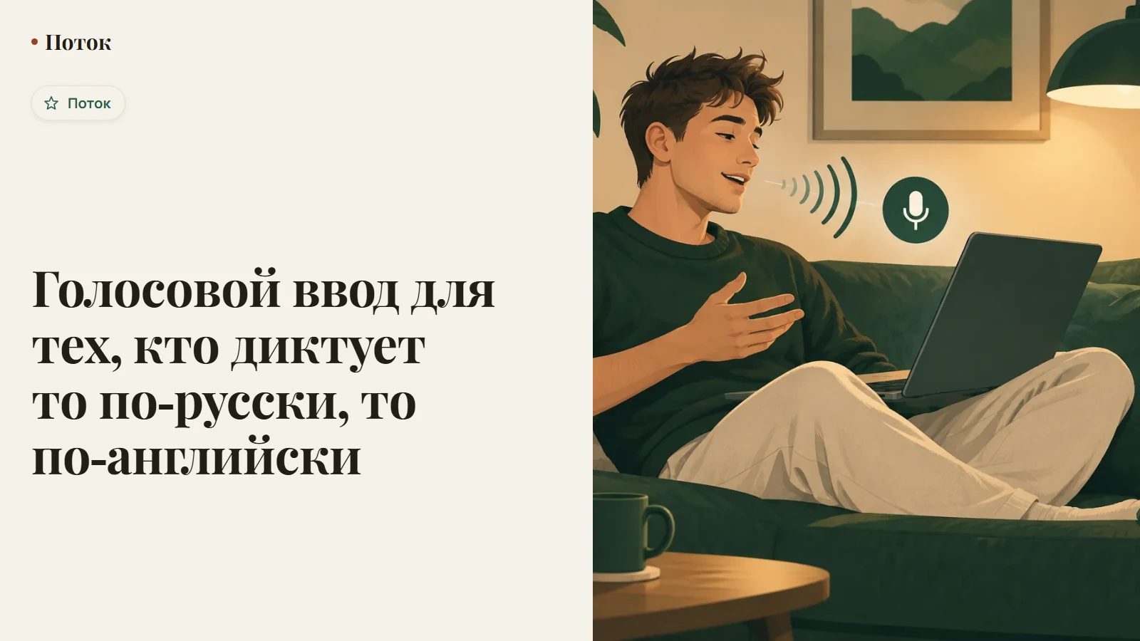 Человек диктует фразу, где русские слова соседствуют с английскими терминами