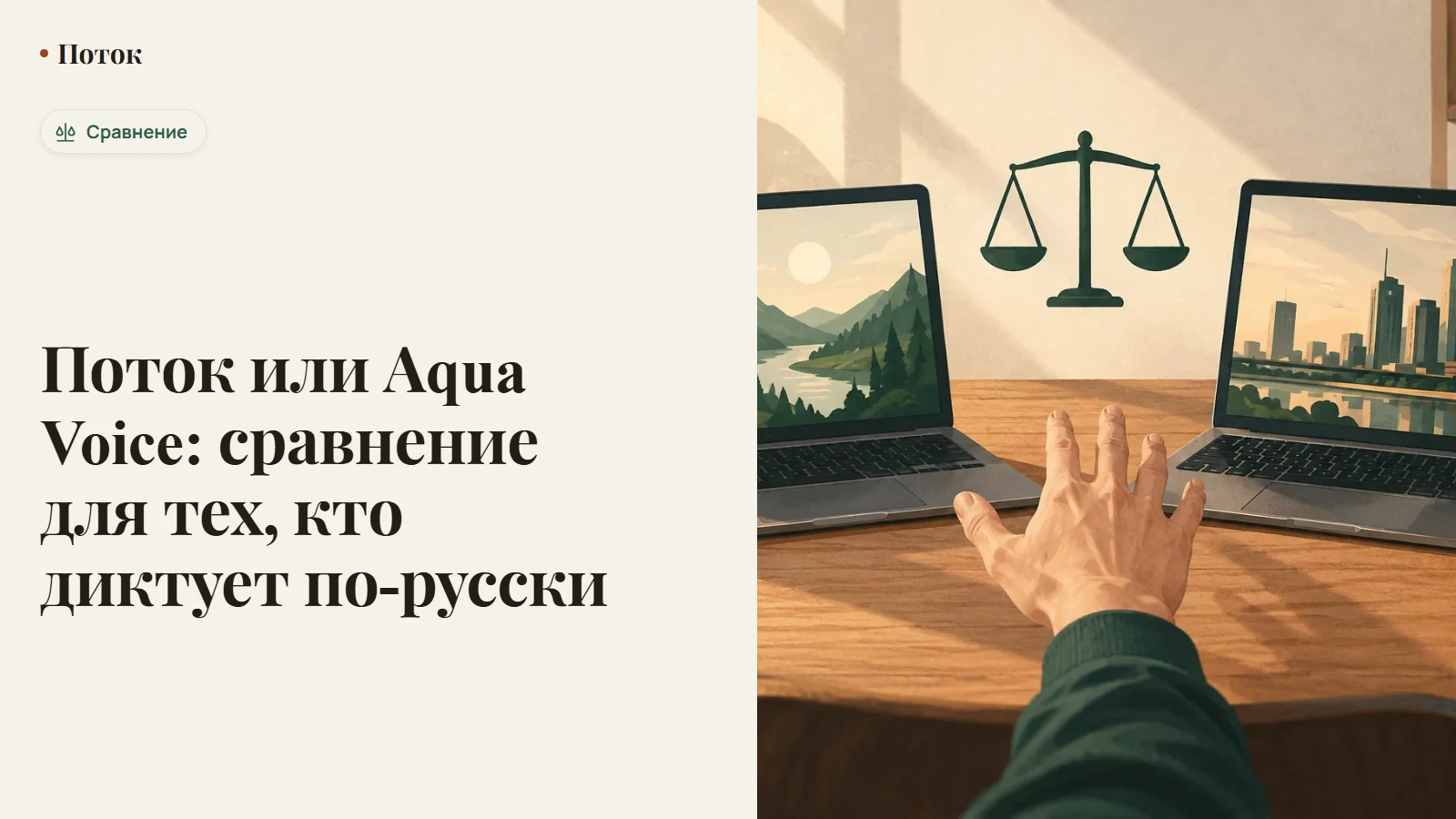 Два приложения голосового ввода рядом — Aqua Voice и Поток — со значками платформ