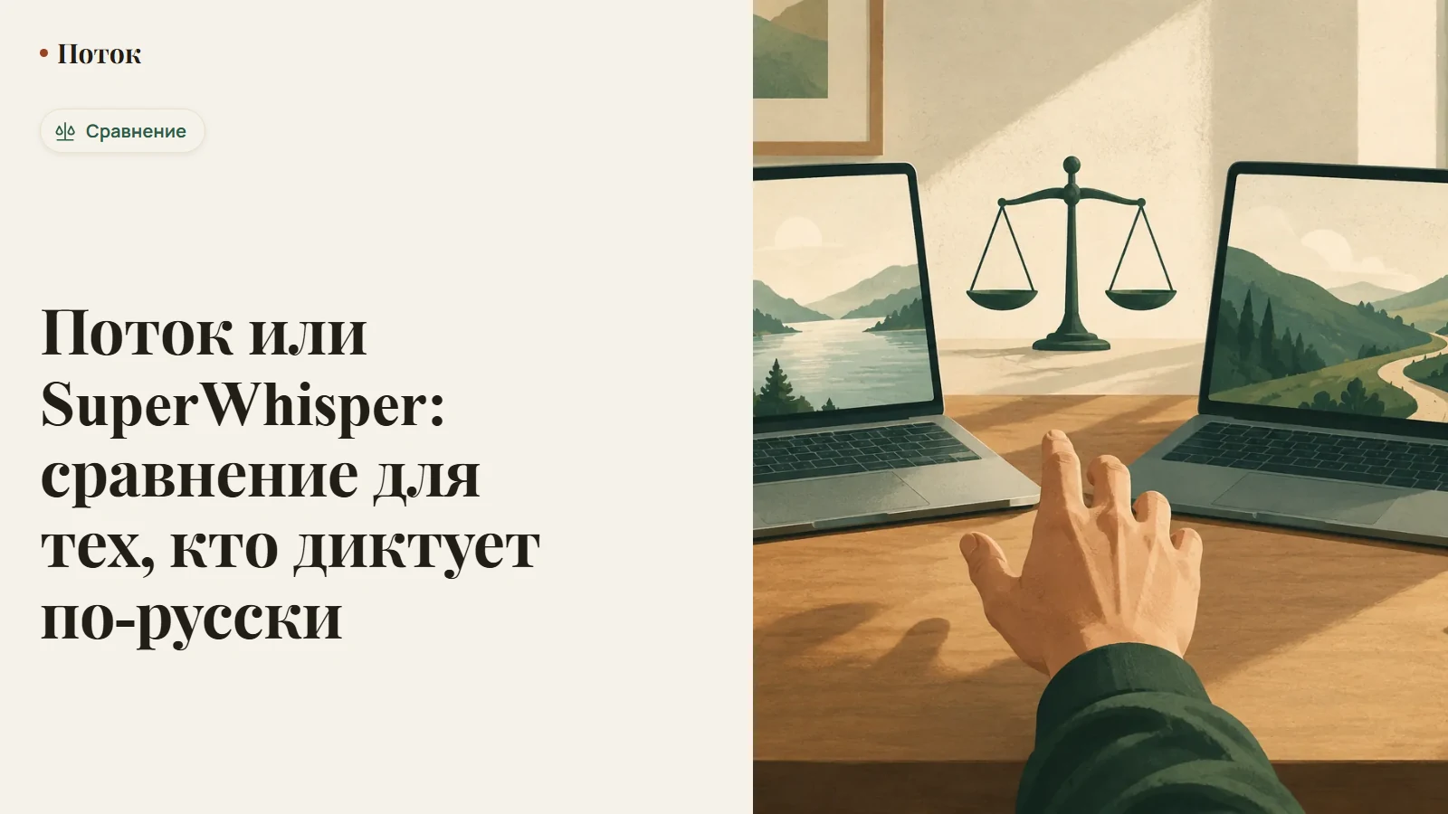 Два приложения голосового ввода рядом — SuperWhisper и Поток — со значками платформ