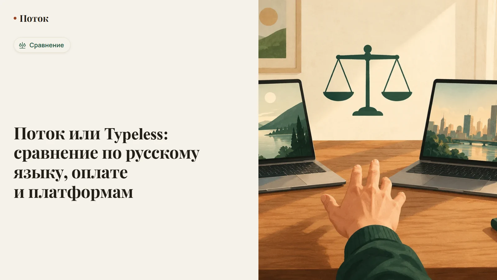 Поток или Typeless: экраны приложений на компьютере и телефоне рядом с флагом России