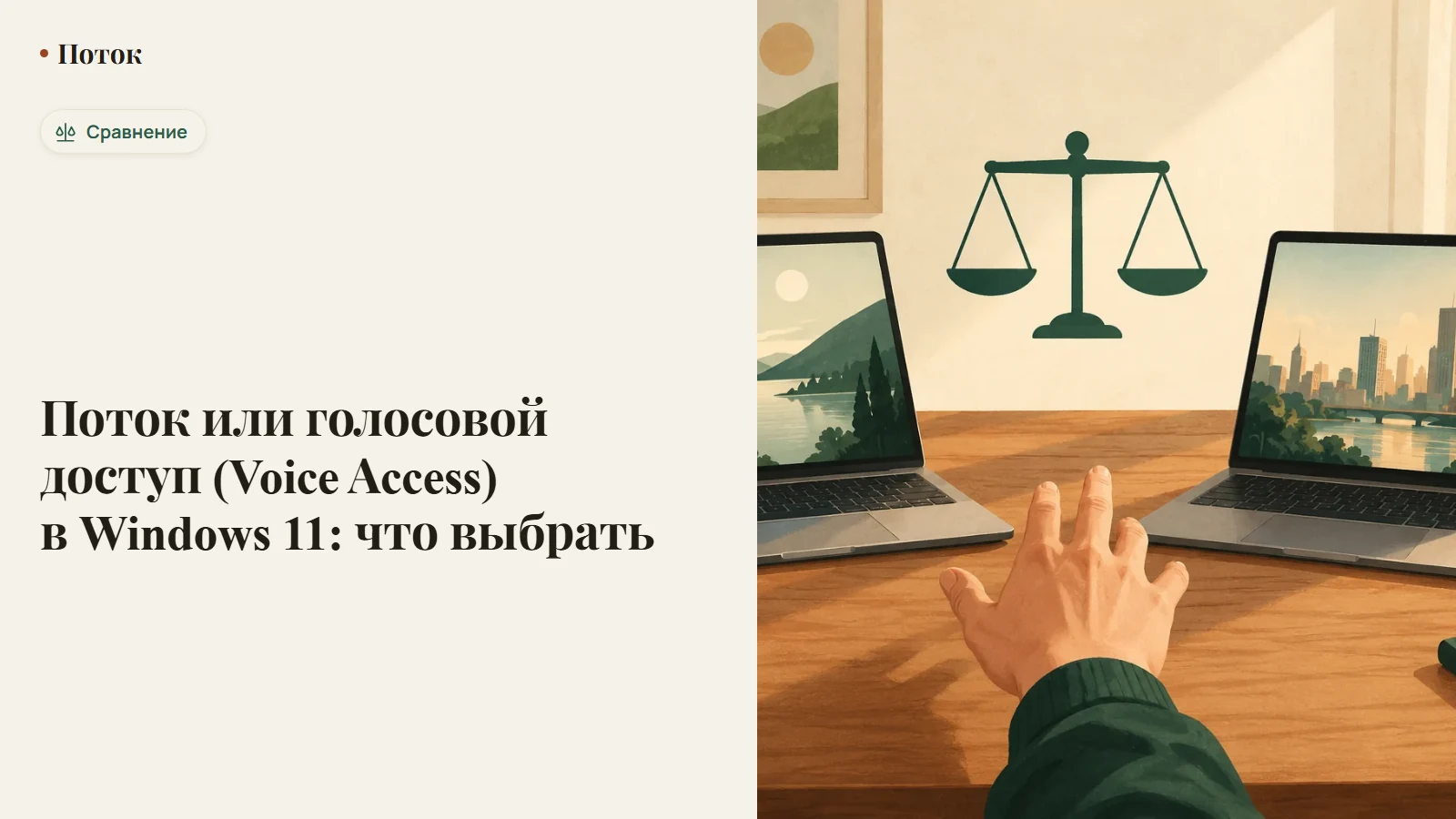 Разделённый экран: слева окно настроек голосового доступа Windows, справа диктовка текста в Потоке
